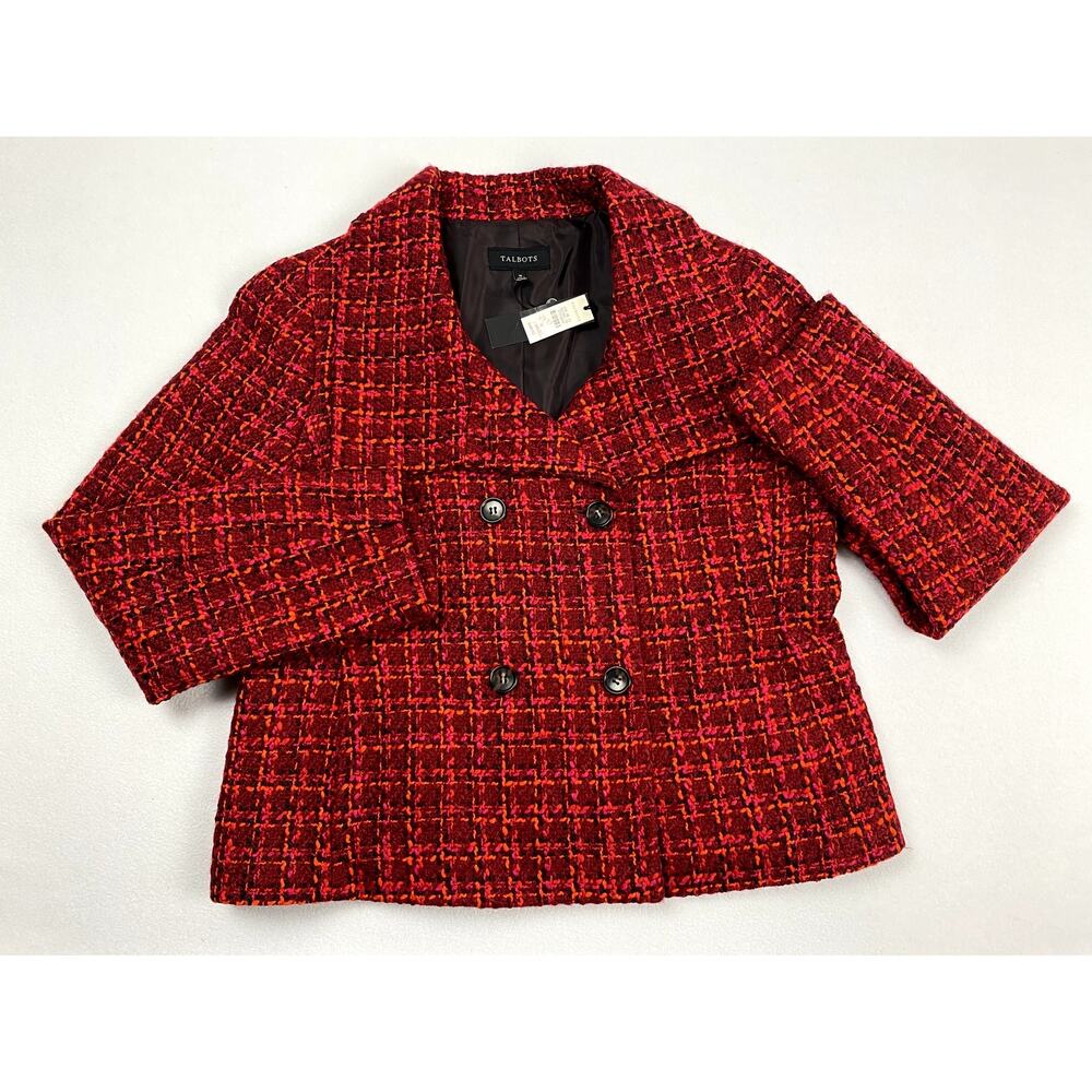 Talbots Womens 16 Plus Red Tweed Short Sleeve Double Breasted Jacket Blazer